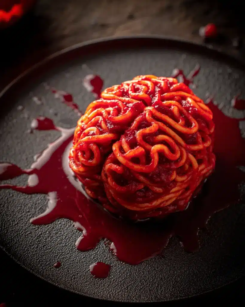 Halloween pasta brain covered in bloody marinara sauce