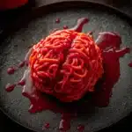 Creepy spaghetti brain bake with marinara sauce for Halloween dinner