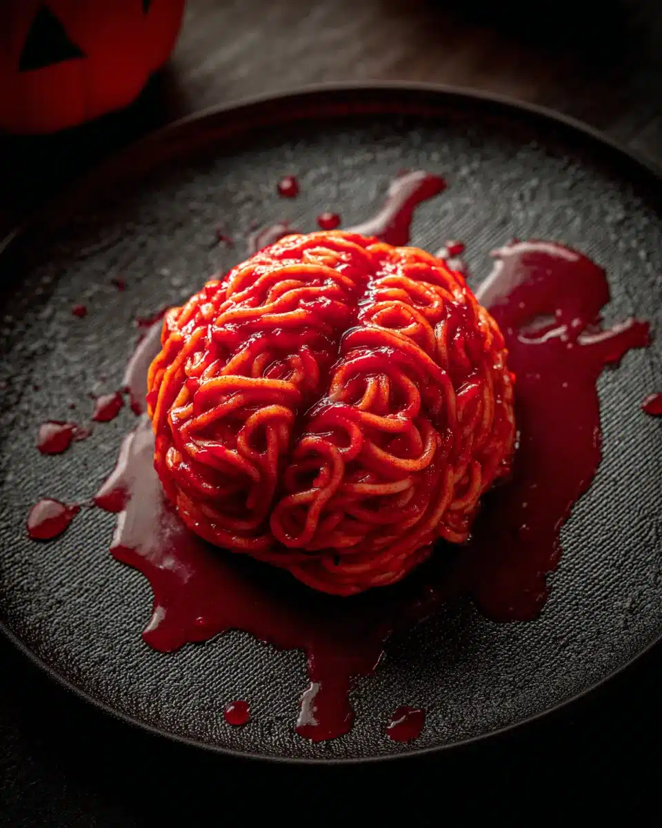 Creepy spaghetti brain bake with marinara sauce for Halloween dinner