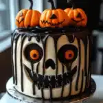 Spooky Halloween cake with skull face, mini pumpkins, and black drip icing