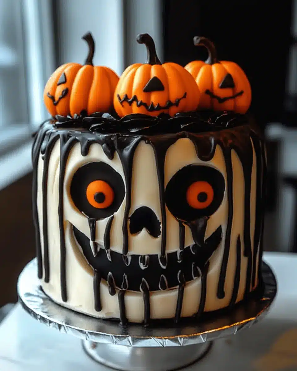 Spooky Halloween cake with skull face, mini pumpkins, and black drip icing