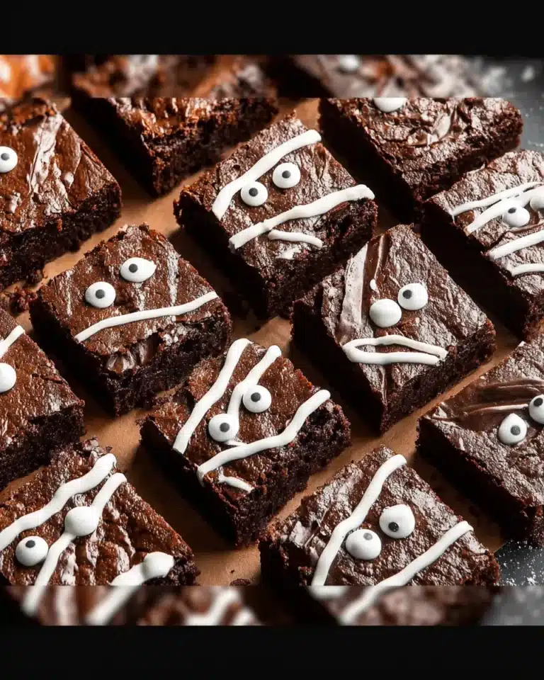 Halloween mummy brownies with white frosting bandages and candy eyes on a parchment-lined tray.