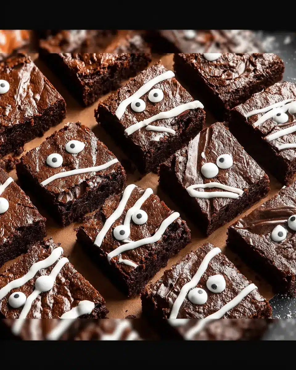 Halloween mummy brownies with white frosting bandages and candy eyes on a parchment-lined tray.
