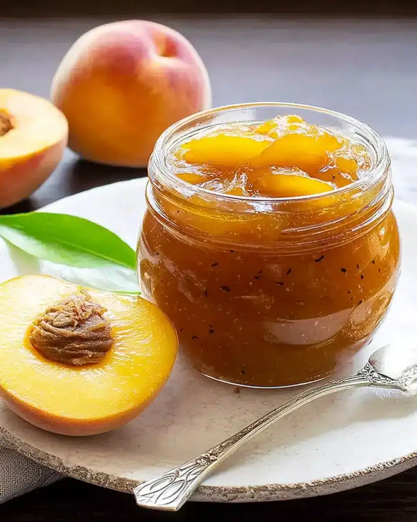 Peach Vanilla Jam Recipes don’t get better than this: a jar of chunky peach vanilla jam, filled with ripe fruit and served with a silver spoon.