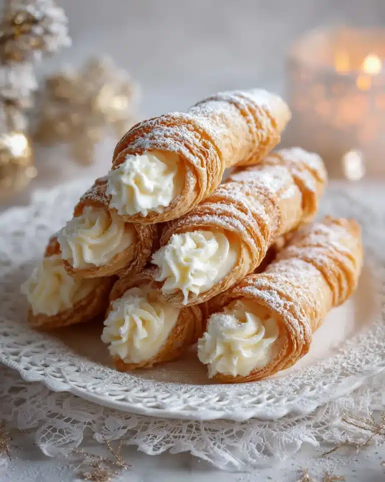 Stack of cream horn cookies filled with buttercream and dusted with powdered sugar