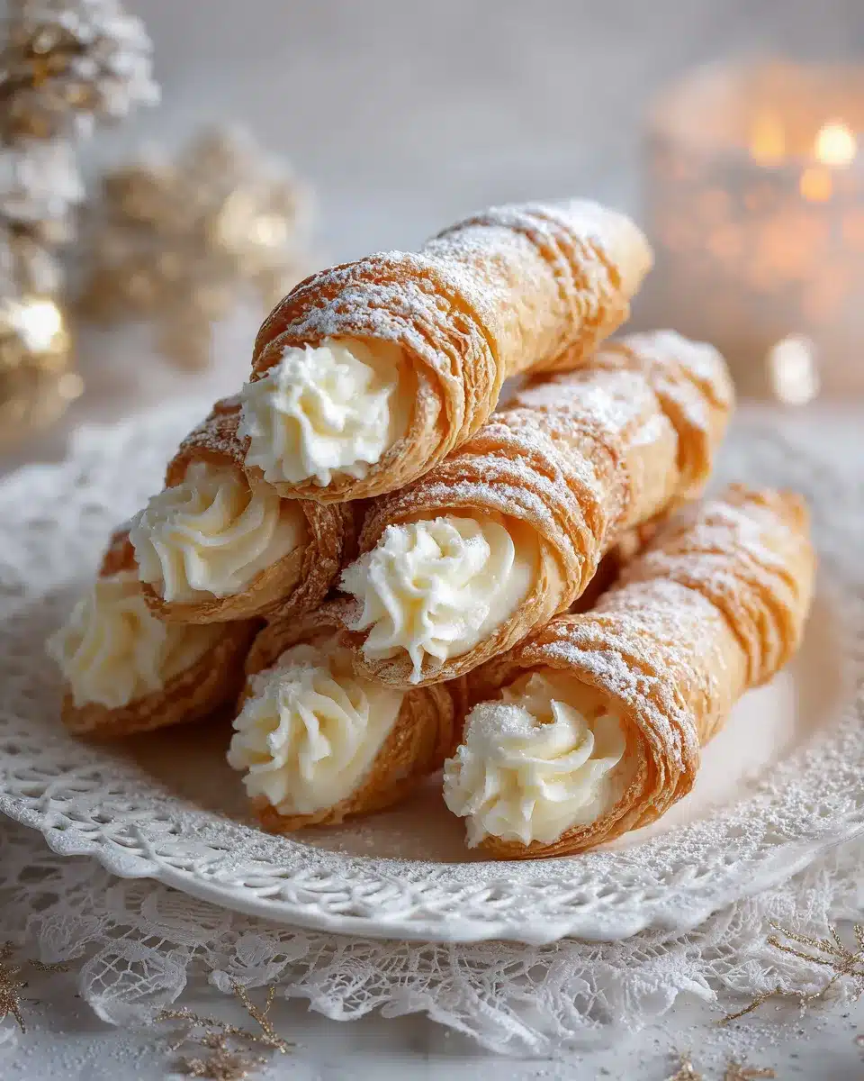 Stack of cream horn cookies filled with buttercream and dusted with powdered sugar