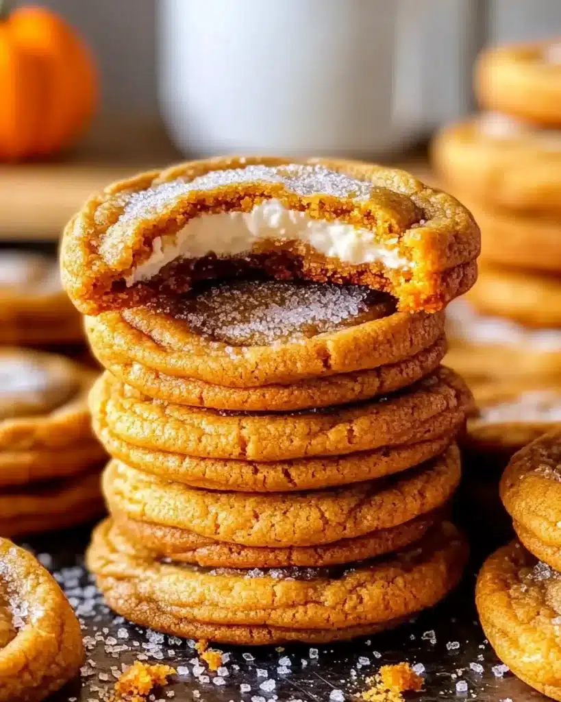 Stacked pumpkin cheesecake cookies with visible cream filling.