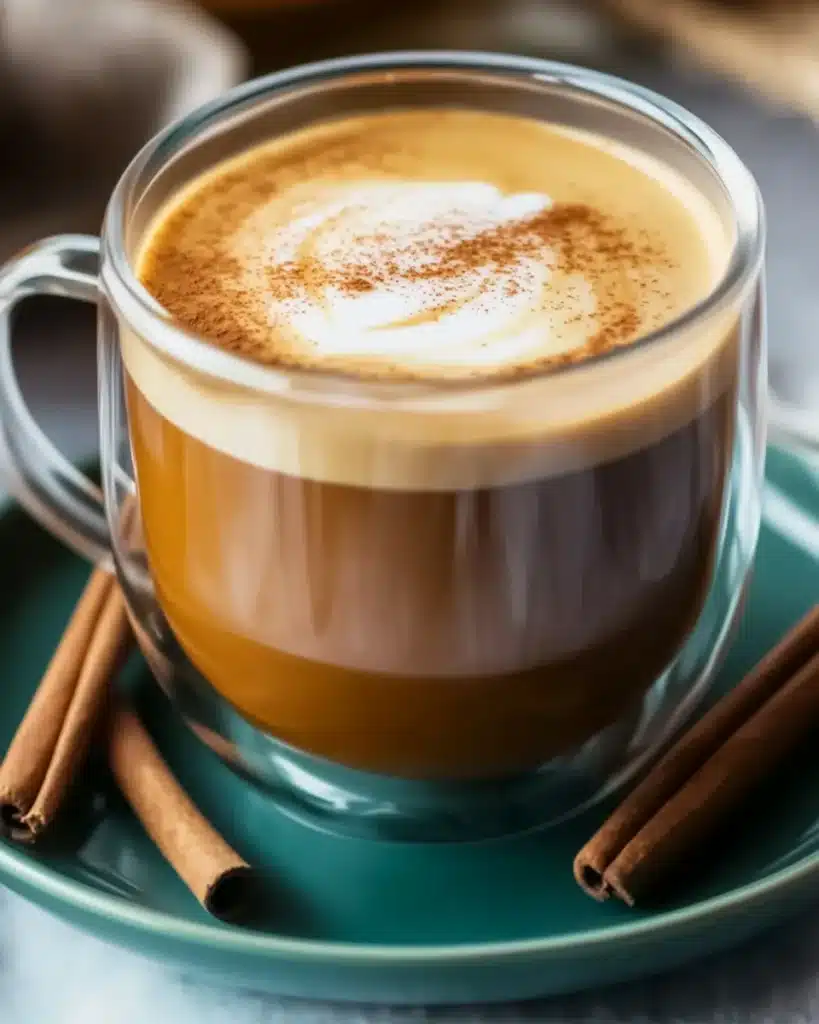 Steaming pumpkin coffee topped with cinnamon in glass mug