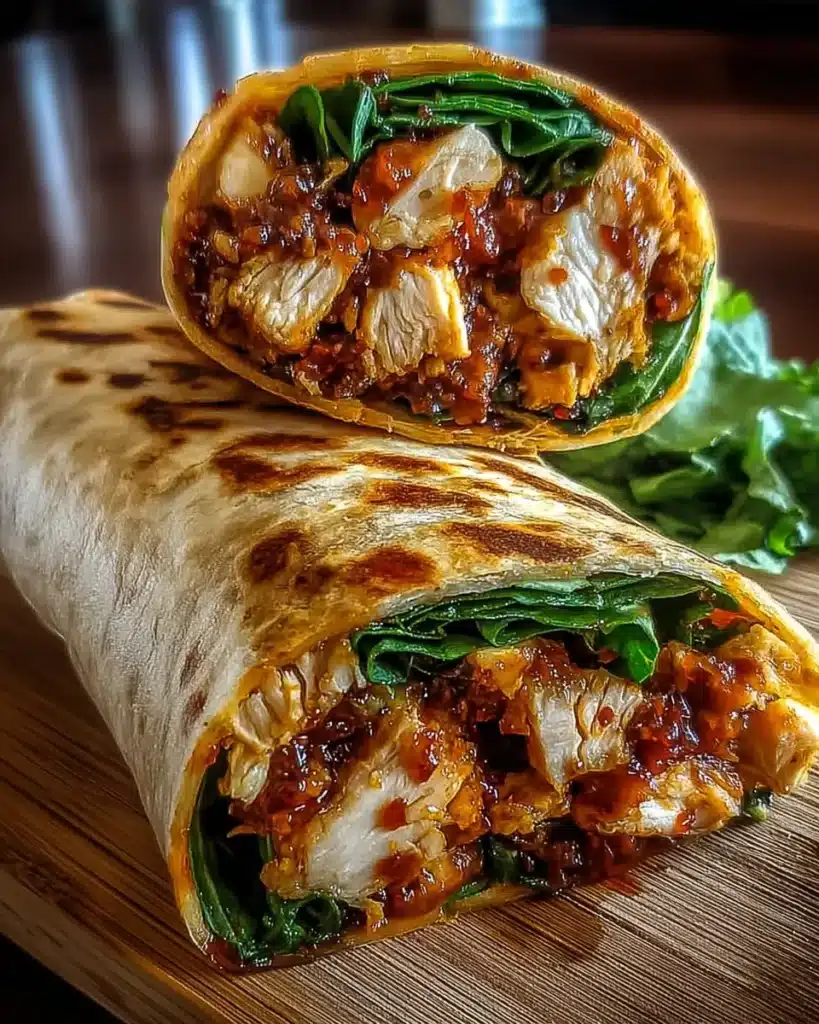 Close-up of sweet chili chicken wrap with lettuce and sauce