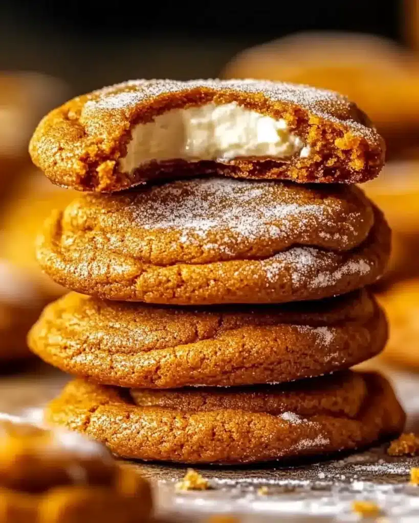 Stack of pumpkin cheesecake cookies with creamy filling and sugar dusting.
