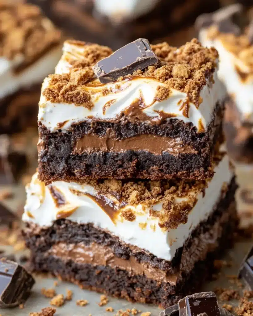 S’mores brownies with melted chocolate and toasted marshmallow topping