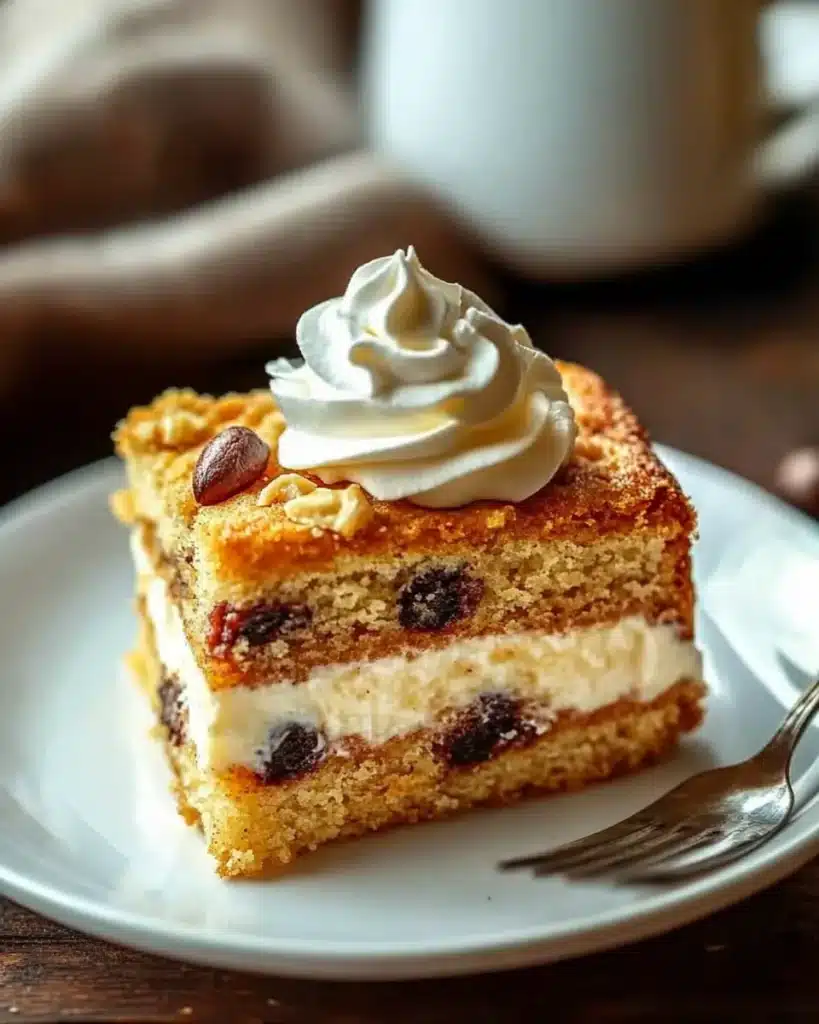 Coffee sweet cake slice with chocolate chips and whipped cream topping