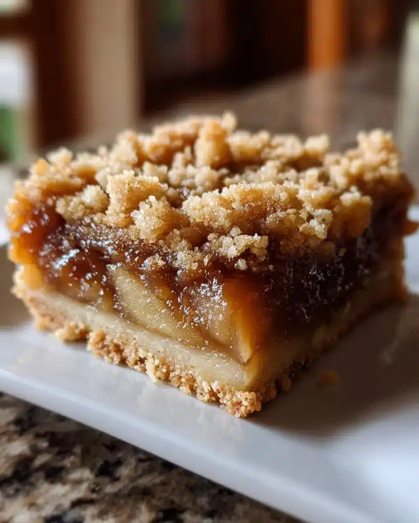 Close-up of caramel apple crumble bar with golden crumb topping.