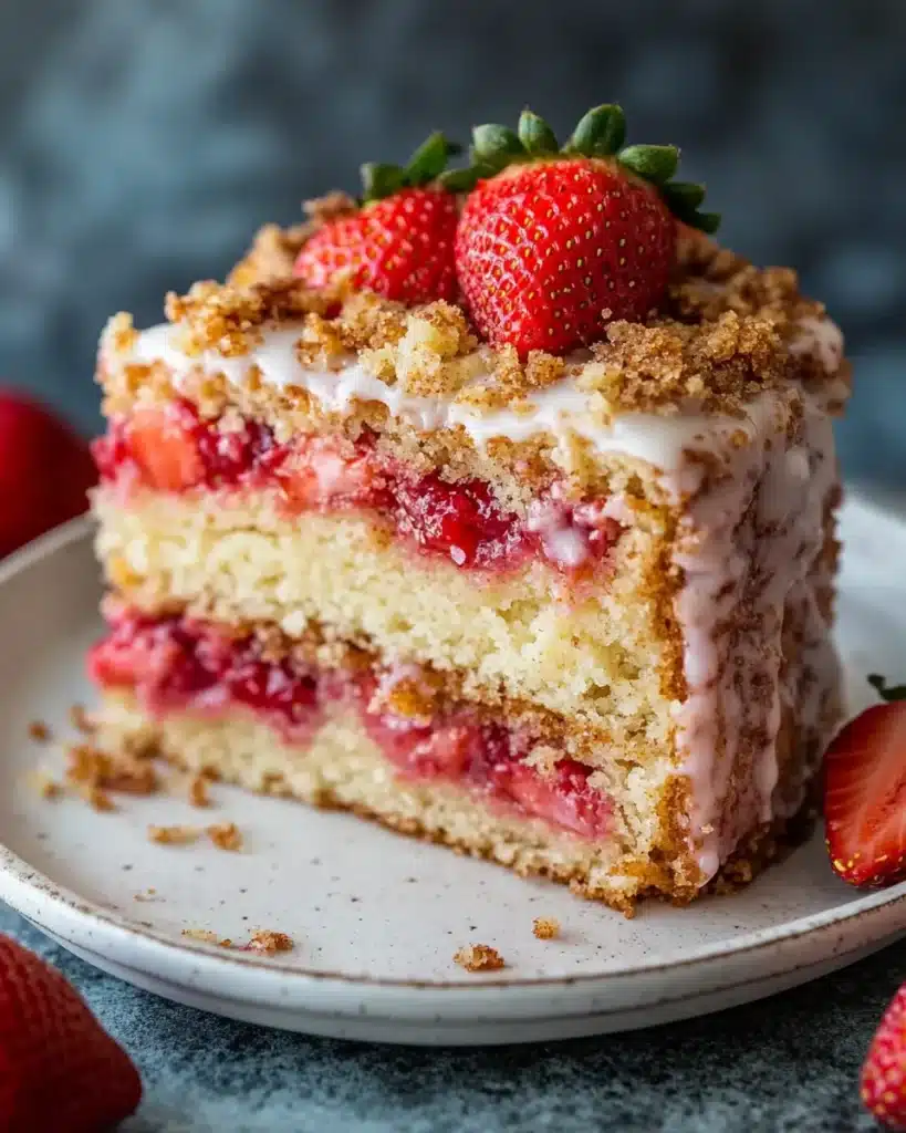 Fresh strawberry coffee cake slice topped with whole berries and glaze