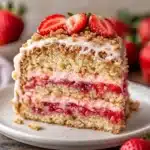 Strawberry coffee cake slice with cinnamon streusel and vanilla glaze