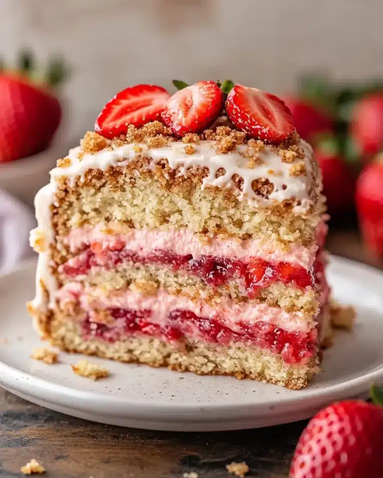 Strawberry coffee cake slice with cinnamon streusel and vanilla glaze