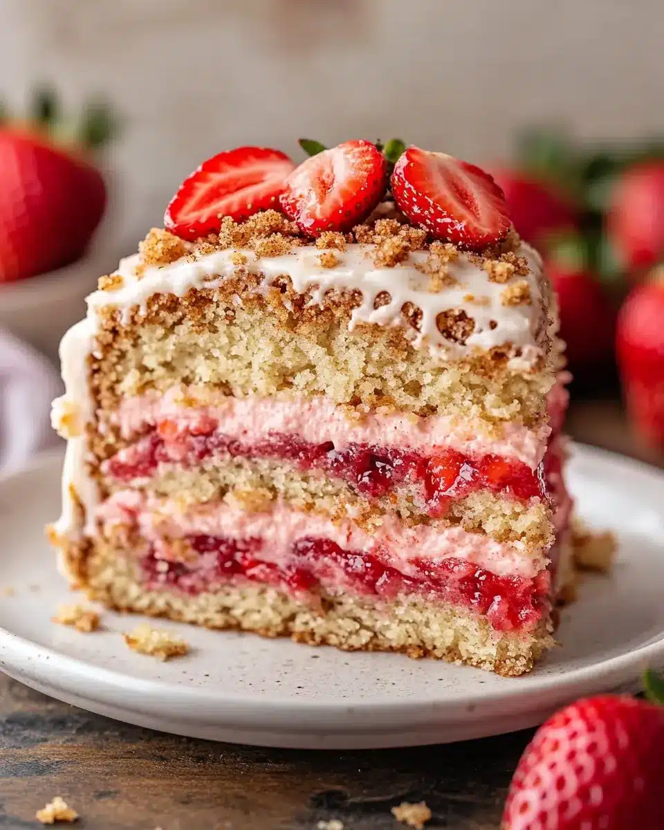 Strawberry coffee cake slice with cinnamon streusel and vanilla glaze
