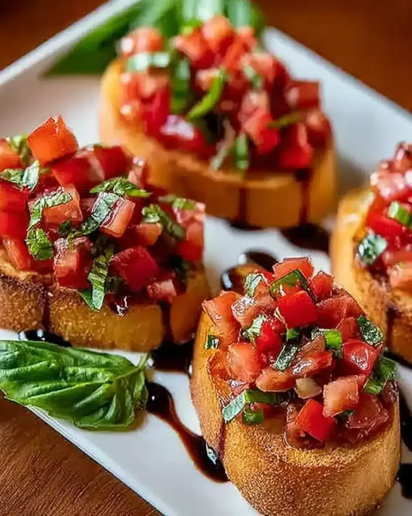 Classic bruschetta with tomatoes, basil, and balsamic on toasted baguette