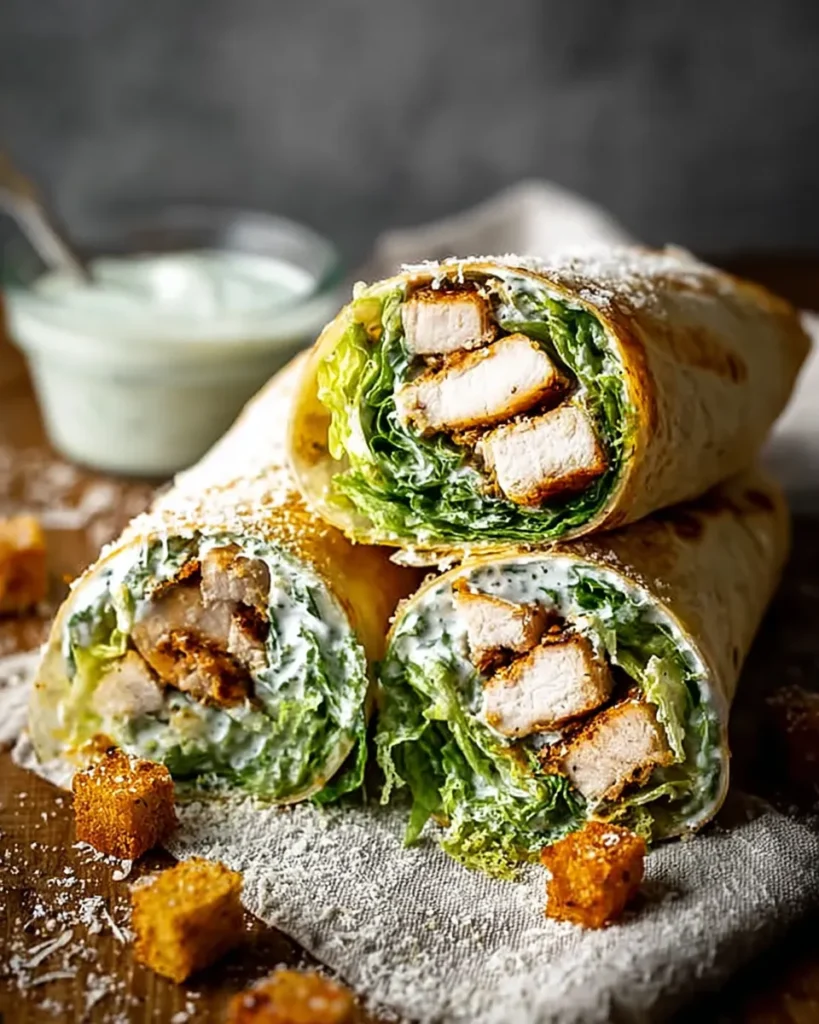 Fresh chicken caesar wraps with romaine lettuce and creamy dressing