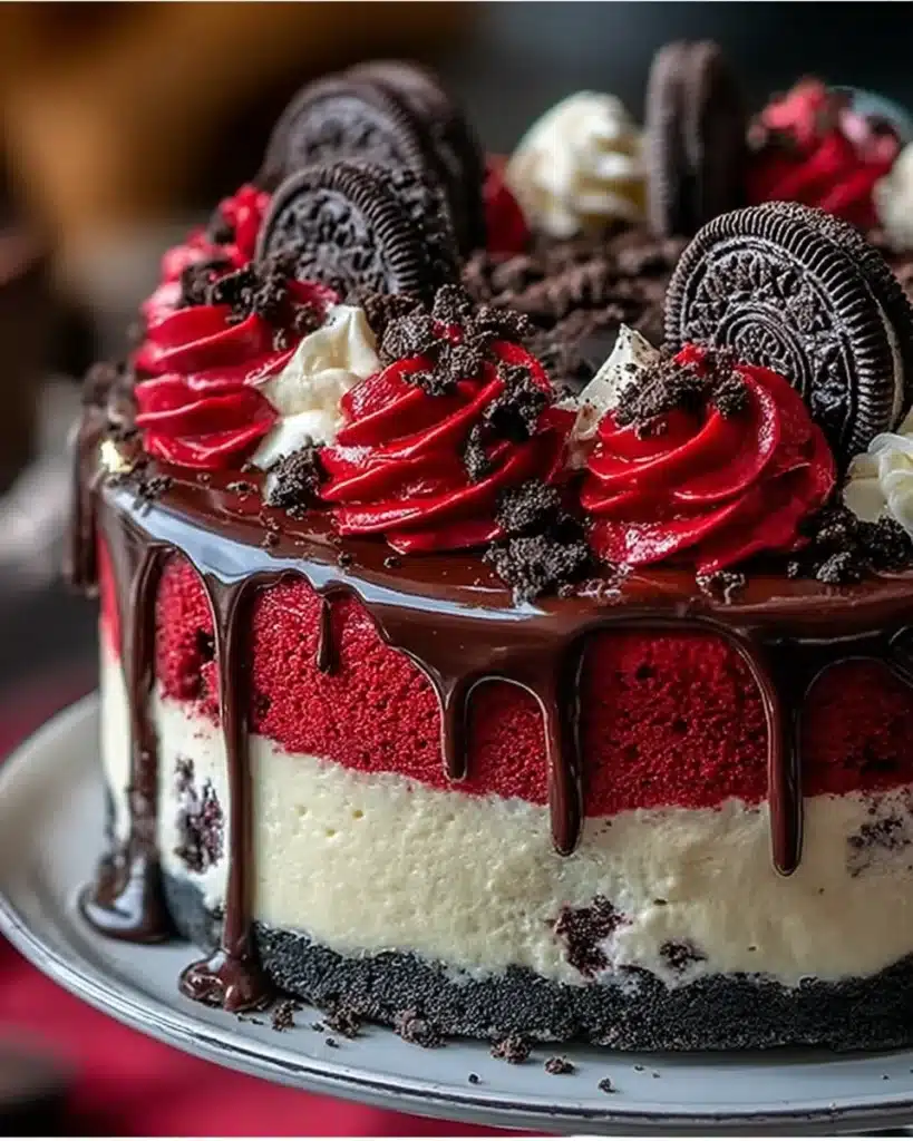 Whole red velvet Oreo cheesecake with chocolate ganache, whipped cream, and Oreo cookie topping.