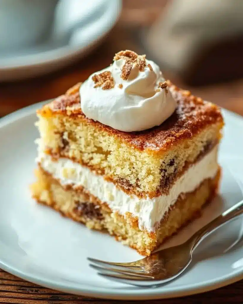 Creamy coffee sweet cake slice with cinnamon swirl and whipped topping