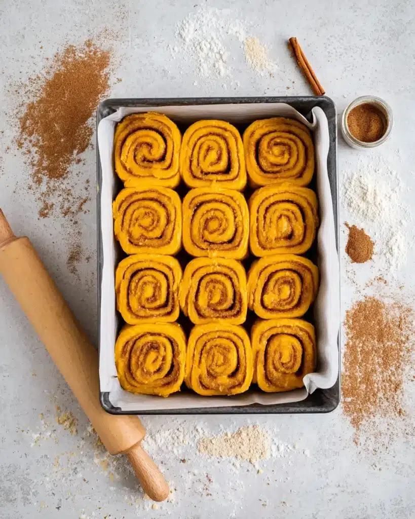 Unbaked pumpkin cinnamon rolls with spiced filling in baking pan