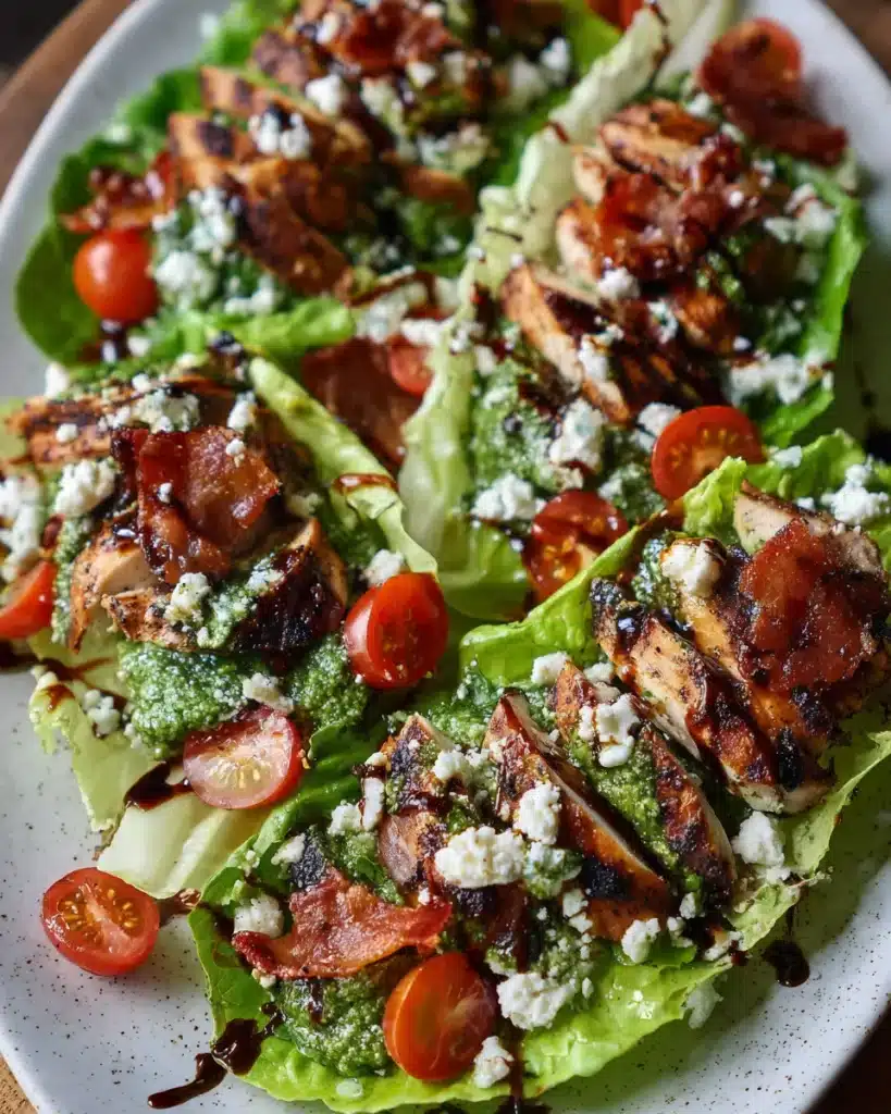 Butter lettuce wraps with grilled pesto chicken, feta, cherry tomatoes, and bacon.