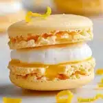 Stack of yellow lemon macarons with meringue filling