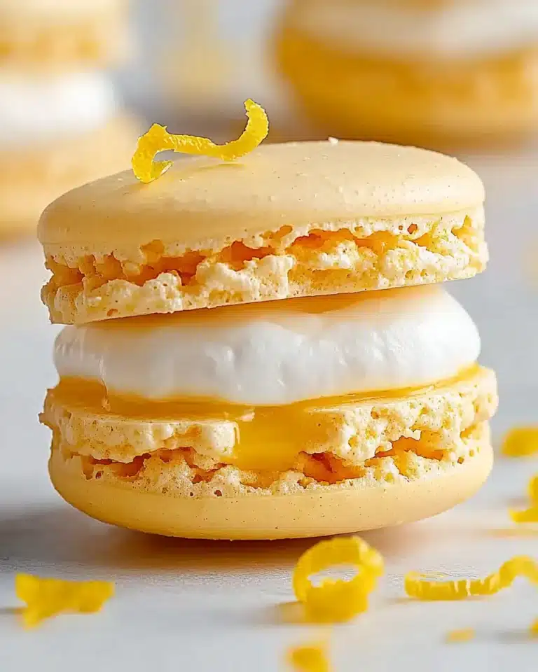 Stack of yellow lemon macarons with meringue filling