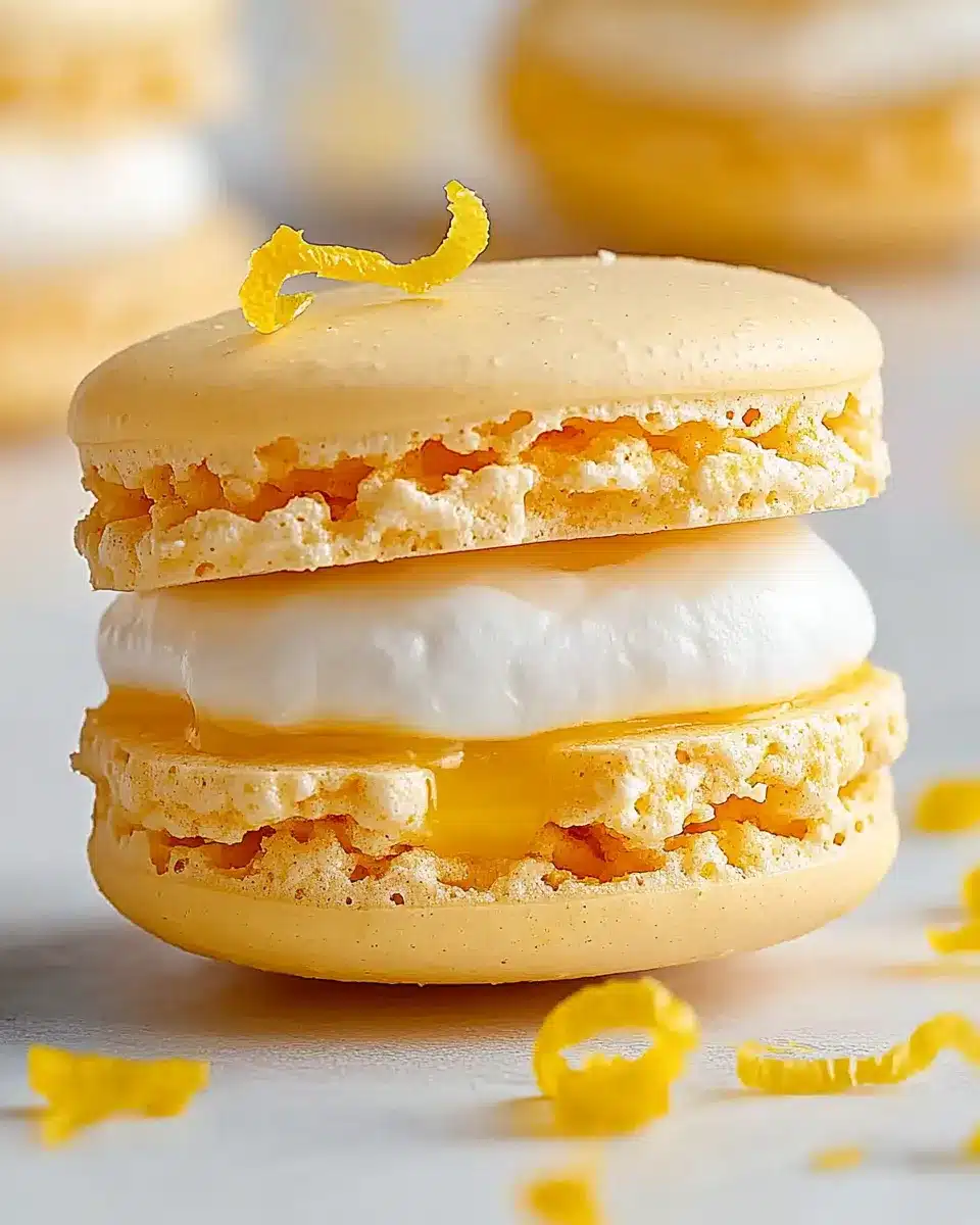 Stack of yellow lemon macarons with meringue filling