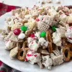 Gluten free reindeer chow with Chex cereal, pretzels, popcorn, and holiday sprinkles