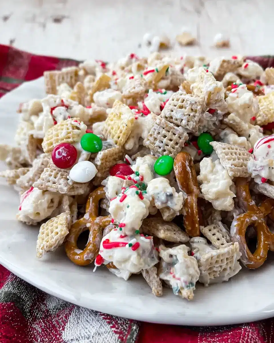Gluten free reindeer chow with Chex cereal, pretzels, popcorn, and holiday sprinkles