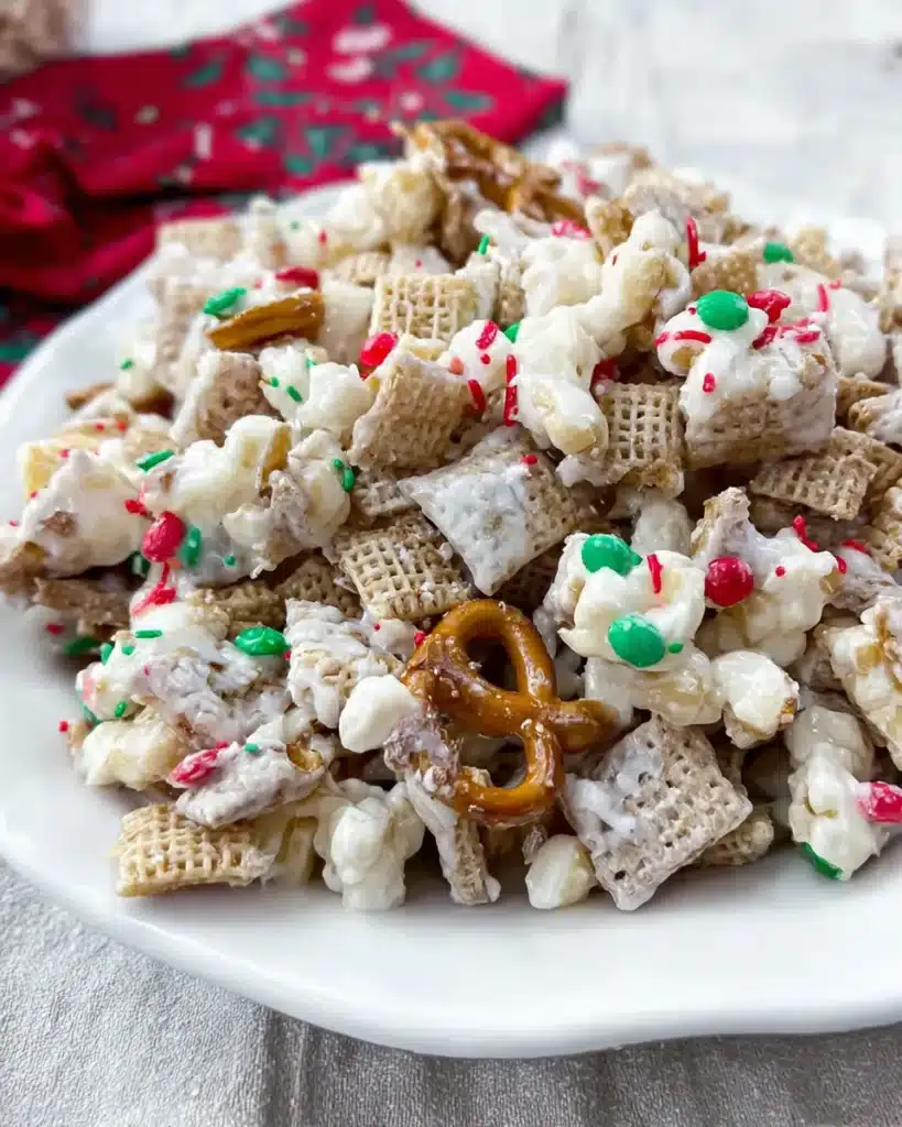 Christmas gluten free reindeer chow with Chex cereal, pretzels, and sprinkles