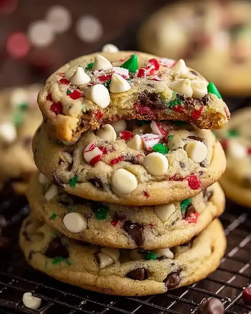 Stack of Winter Wonderland chocolate chip cookies with peppermint