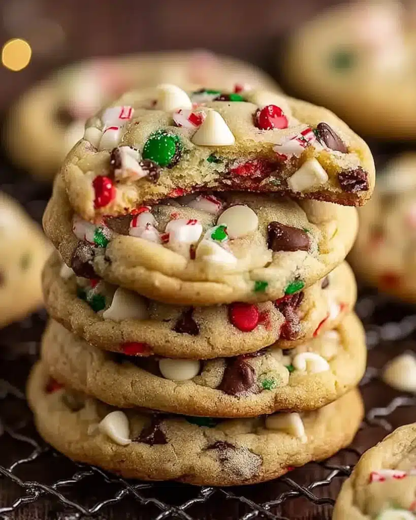 Stack of holiday chocolate chip cookies with white chocolate and peppermint