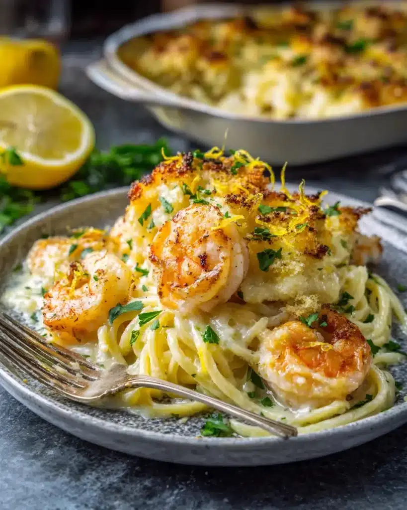Creamy shrimp scampi pasta bake with golden cheese and lemon zest