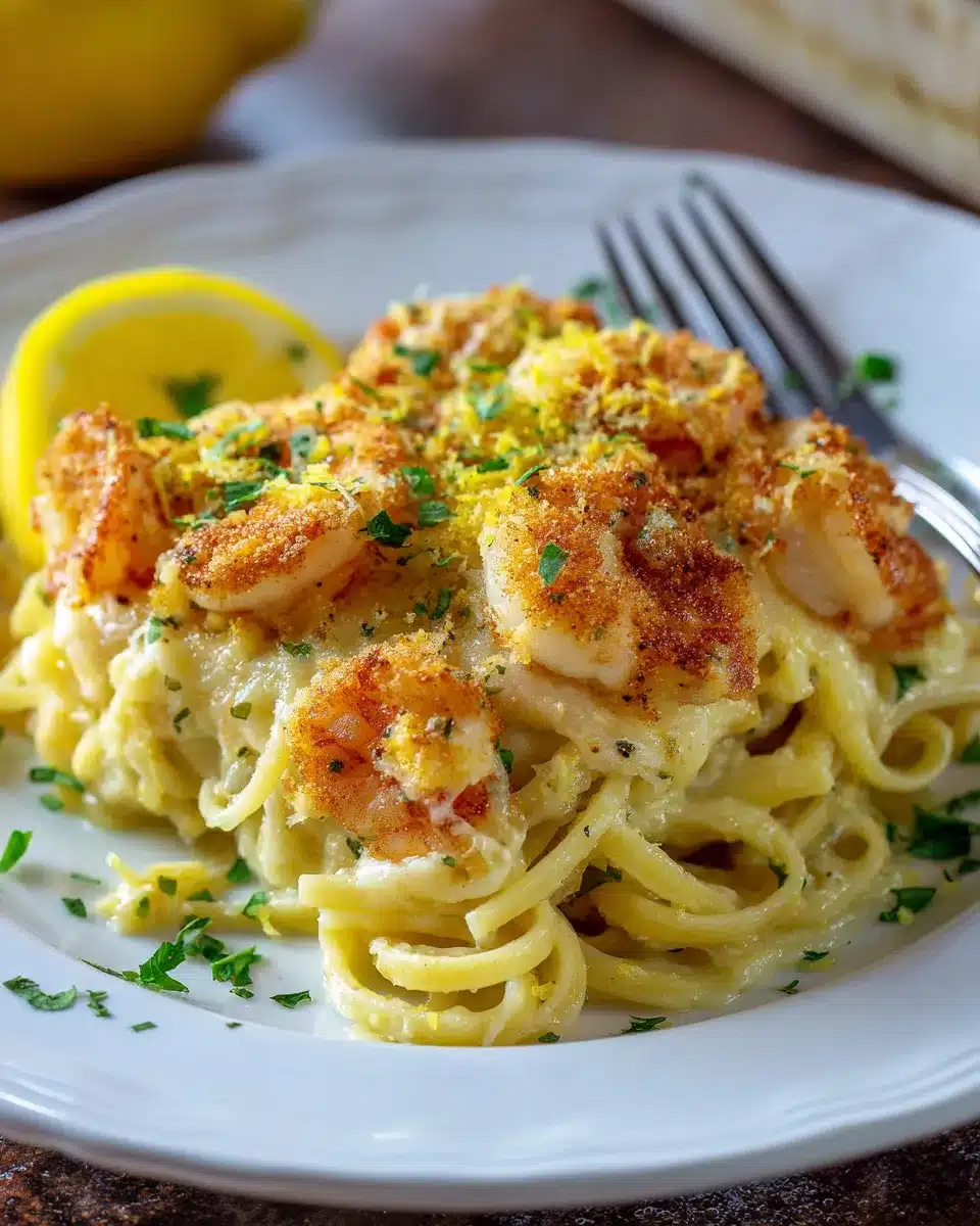 Oven-baked shrimp scampi pasta casserole with cheese and herbs