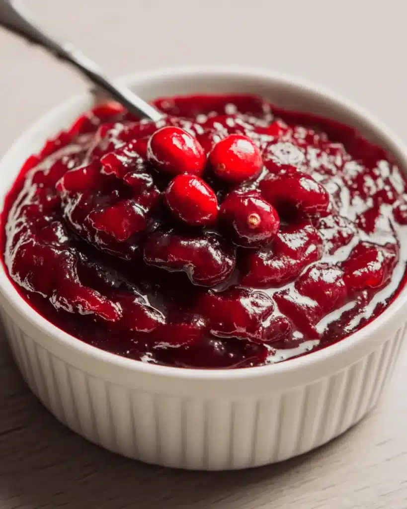 Homemade cranberry sauce in white bowl with fresh berries
