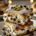 Stacked cannoli dessert squares with chocolate chips, pistachios, and powdered sugar.
