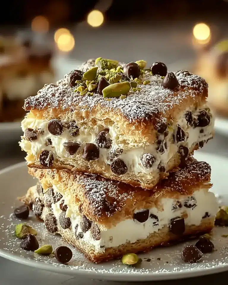 Stacked cannoli dessert squares with chocolate chips, pistachios, and powdered sugar.