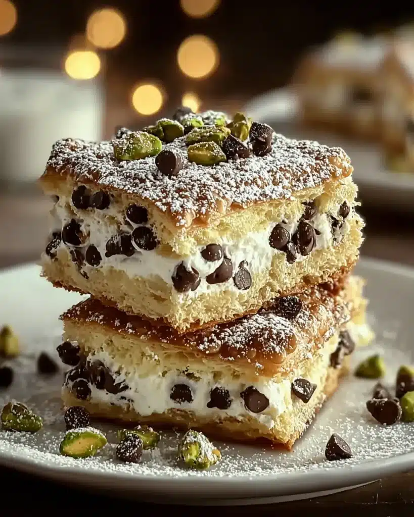 Classic Cannoli Squares – Cannoli bars with ricotta filling, chocolate chips, and pistachios on a plate.