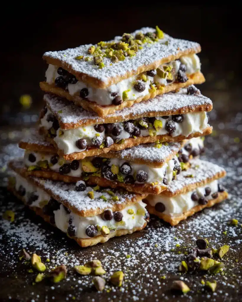 Stacked cannoli bars with flaky crust, ricotta filling, chocolate chips, and pistachios.