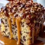 Slice of German chocolate pound cake with caramel glaze and pecans