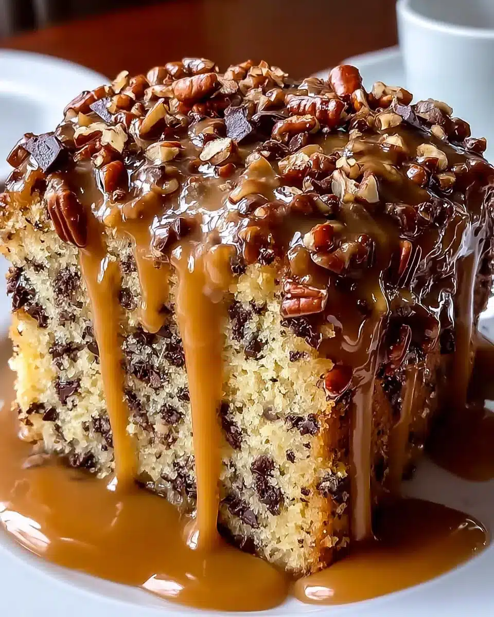 Slice of German chocolate pound cake with caramel glaze and pecans
