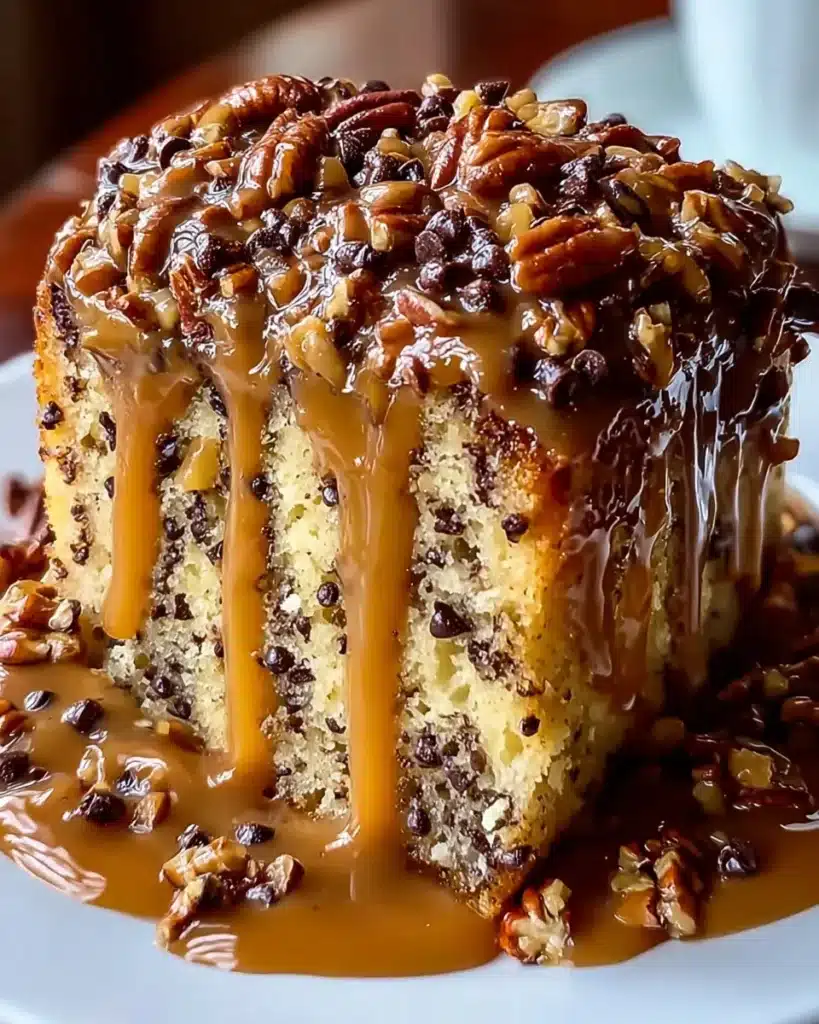 German chocolate pound cake slice topped with caramel, pecans, and chocolate chips