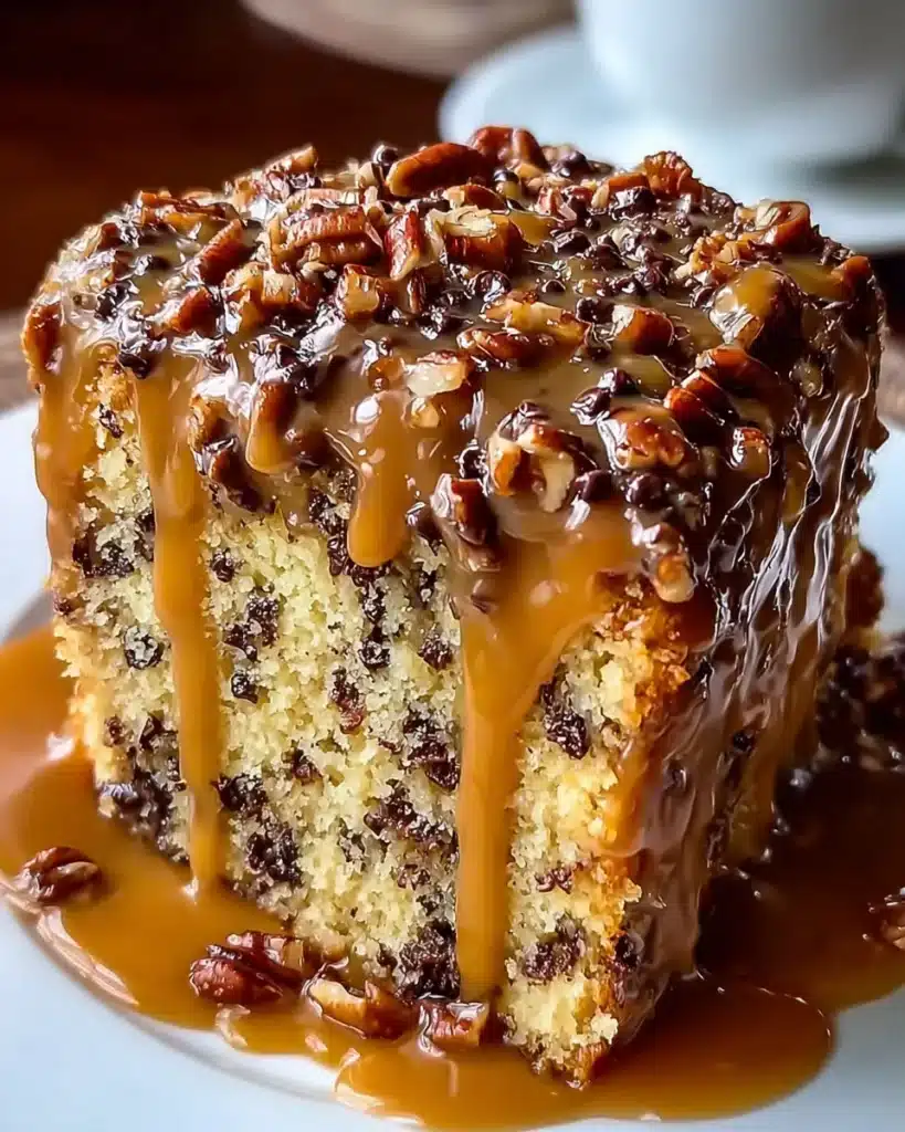 Moist German chocolate pound cake slice with caramel glaze and pecans