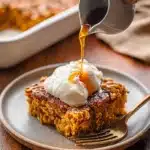 Pumpkin baked oatmeal topped with yogurt and maple syrup drizzle