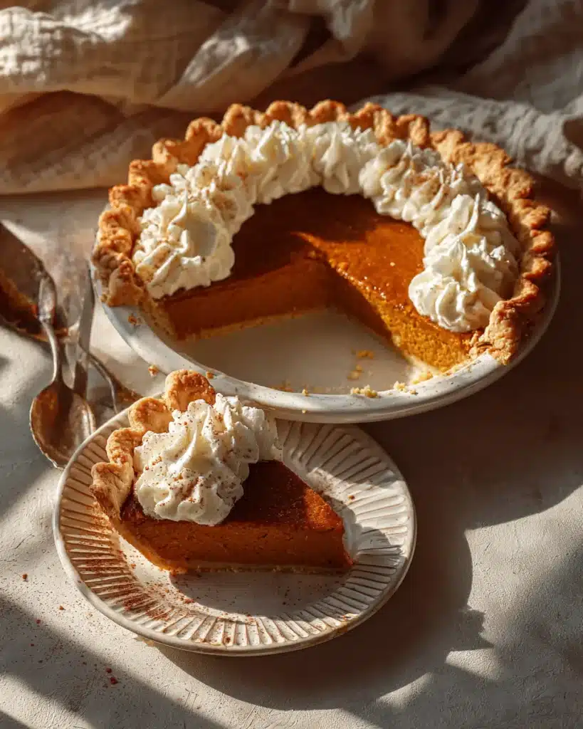 Slice of Perfect Pumpkin Pie with whipped cream served on a plate, perfect for fall desserts.
