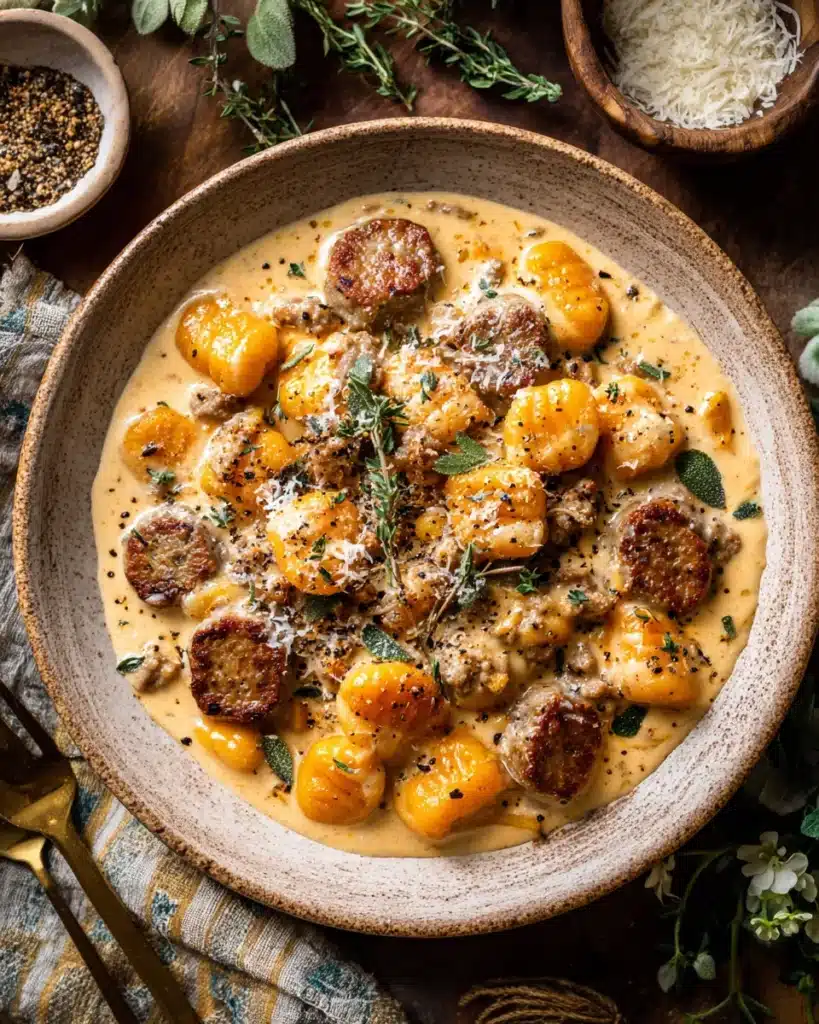 Homemade butternut squash gnocchi with sausage in creamy Parmesan sauce