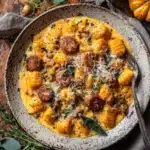 Creamy butternut squash gnocchi with Italian sausage and Parmesan